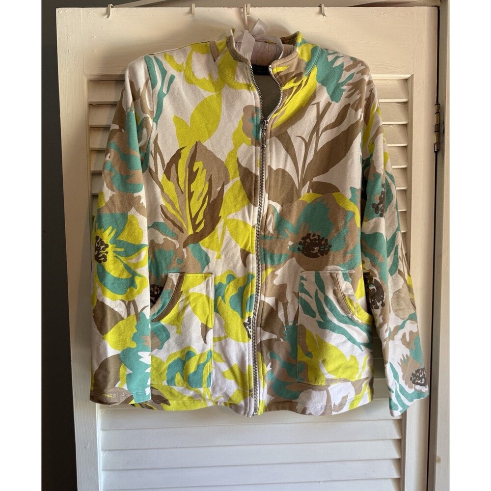 Susan Graver Weekend Floral Print French Terry Zip Front Jacket M Colorful